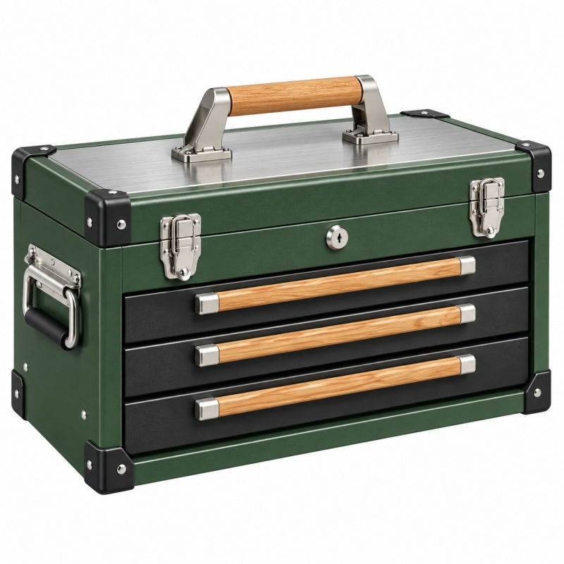 Skrzynka narzędziowa 50 x 25 x 30 cm zielona metalowa z 3 szufladami i drewnianymi uchwytami