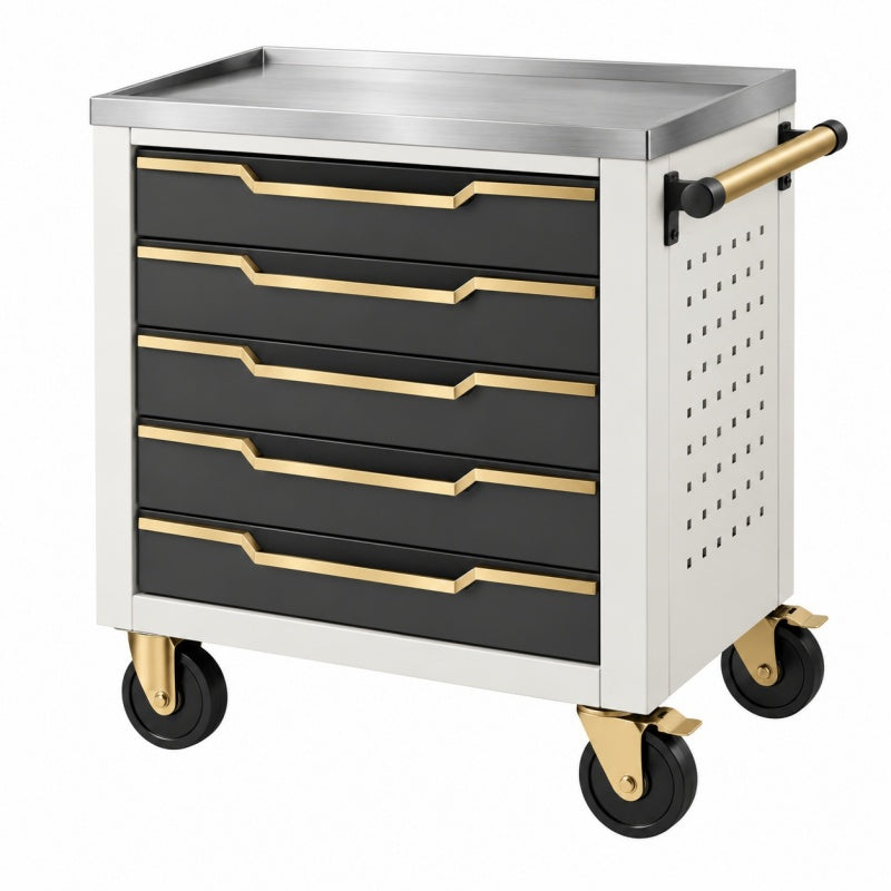 Wózek warsztatowy 80 x 46 x 93 cm stalowy czarno-srebrno-złoty z 5 szufladami mobilny