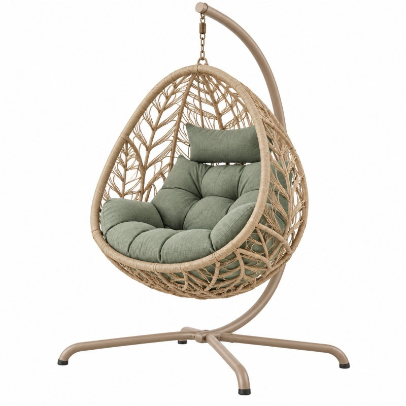 Fotel wiszący 105 x 105 x 195 cm metalowy z plecionką naturalny zielony do ogrodu na stojaku