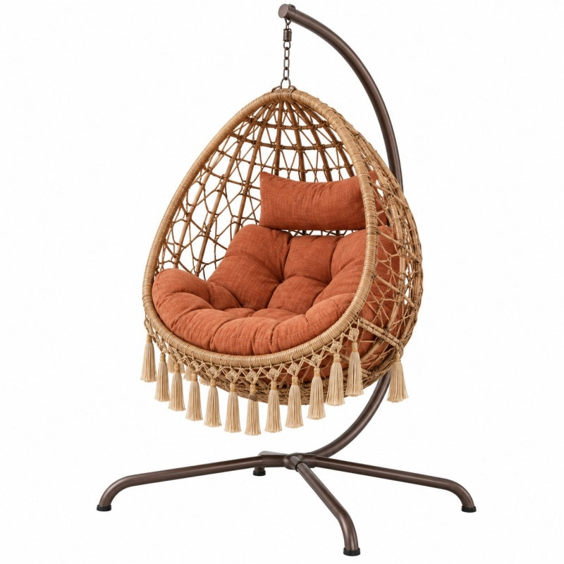 Fotel wiszący 105 x 105 x 195 cm z plecionki rattanowej brązowy boho do wypoczynku