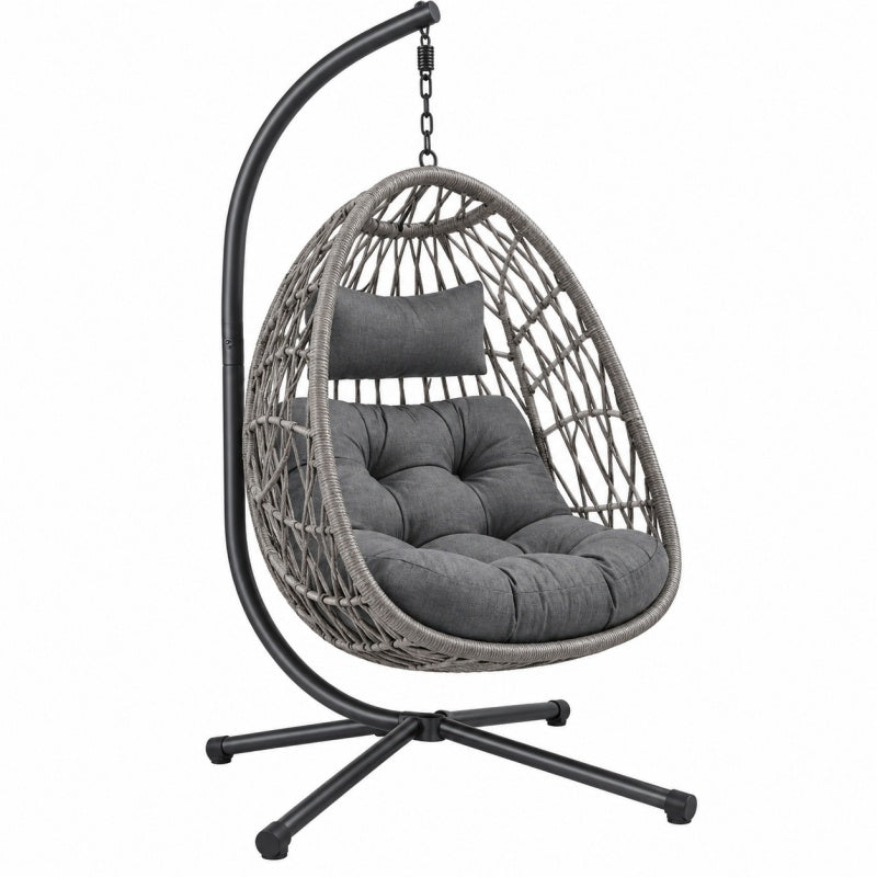 Fotel wiszący 105 x 105 x 195 cm szary z plecionego tworzywa do wypoczynku ze stelażem metalowym