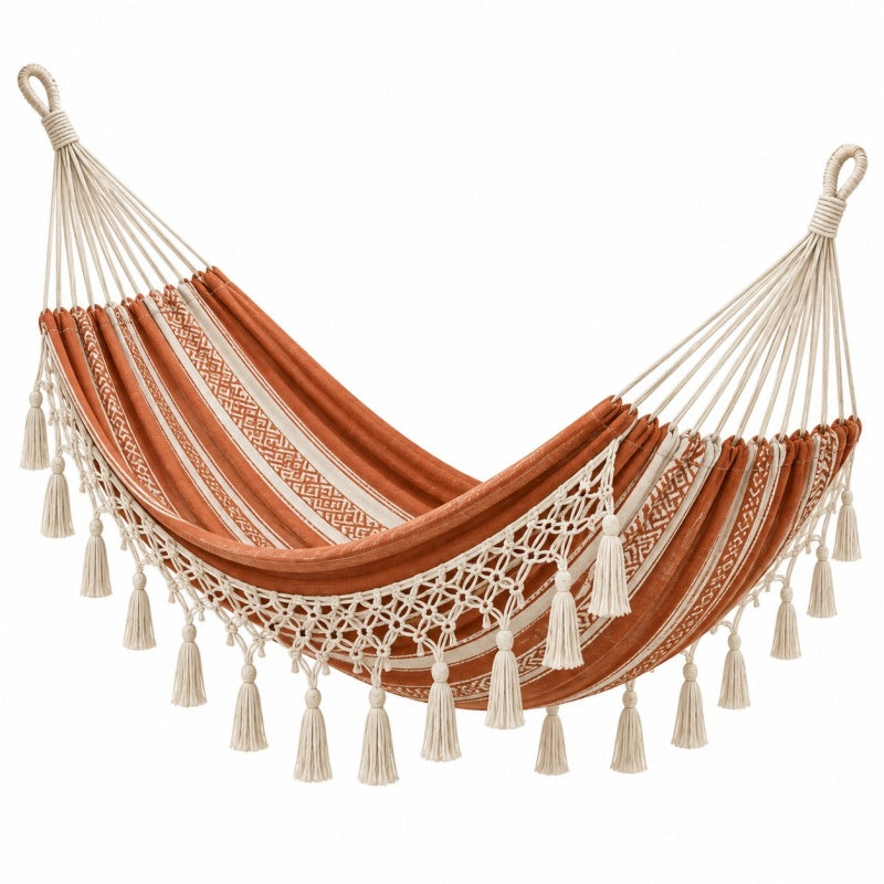 Hamak 300 cm x 100 cm z bawełny terakotowy ecru w stylu boho do wypoczynku